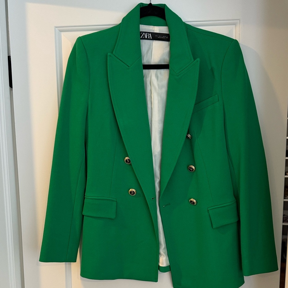 Zara Green Double-Breasted Blazer with gold and black horse buttons